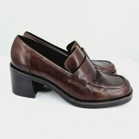 Nine West Franke2 90s Chunky Penny Loafers 6.5 M Chocolate Brown Leather Stacked - Picture 6 of 13